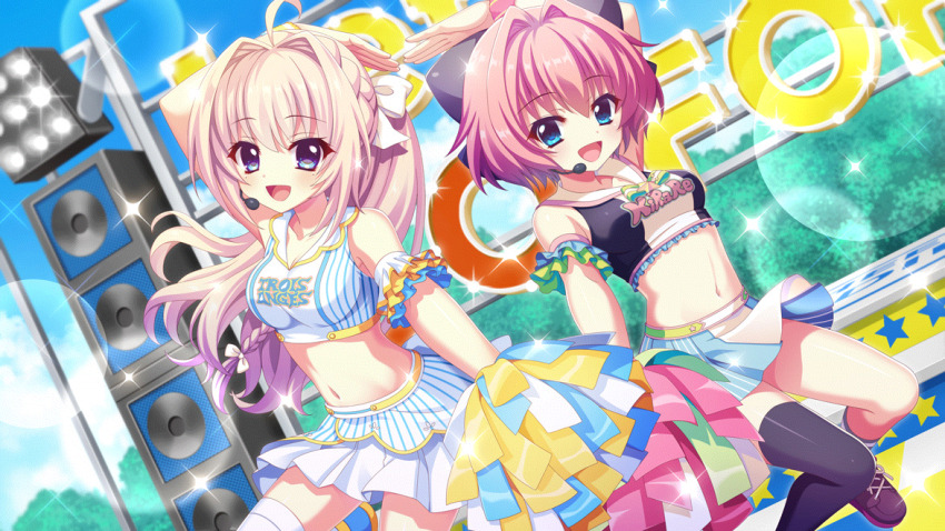 2girls :d ahoge arm_cuffs arm_up asymmetrical_legwear blue_eyes blue_skirt blue_sky bow braid breasts cheerleader crop_top cross-laced_footwear crown_braid day dot_nose dutch_angle film_grain game_cg group_name hair_bow hair_intakes headset hiiragi_kae izumi_tsubasu large_bow lens_flare long_braid long_hair medium_breasts midriff mole mole_under_each_eye mole_under_eye multicolored_clothes multicolored_skirt multiple_girls multiple_moles navel non-web_source official_art open_mouth outdoors pink_hair pom_pom_(cheerleading) purple_bow purple_footwear re:stage! shiratori_amaha_(re:stage!) short_hair skirt sky smile sparkle speaker stage stage_lights striped_clothes striped_skirt vertical-striped_clothes vertical-striped_skirt white_bow white_skirt