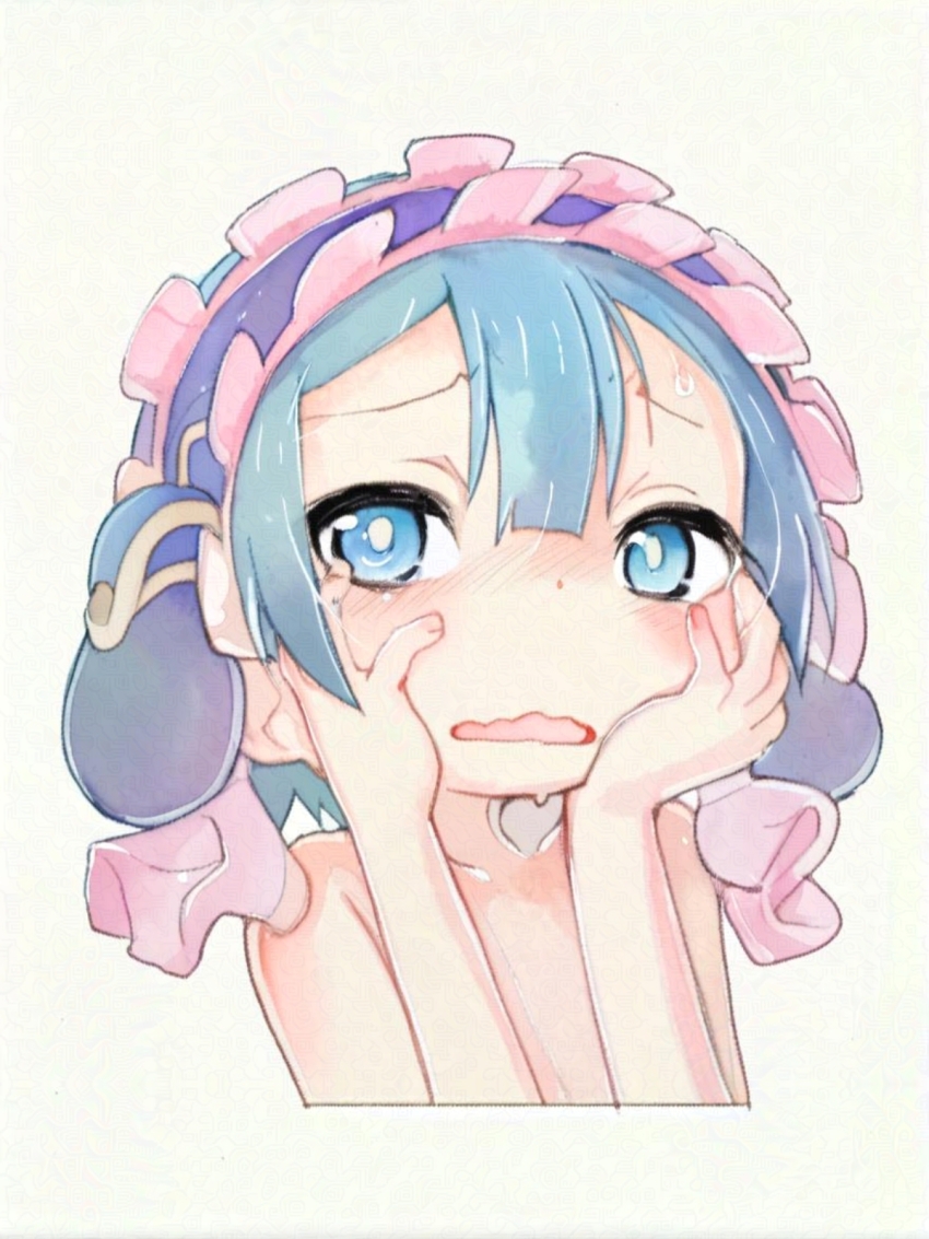 1boy blue_eyes blue_hair collarbone hands_on_own_cheeks hands_on_own_face highres made_in_abyss maid_headdress male_focus maruruk nude open_mouth short_hair simple_background trap wavy_mouth white_background ximu_shilang