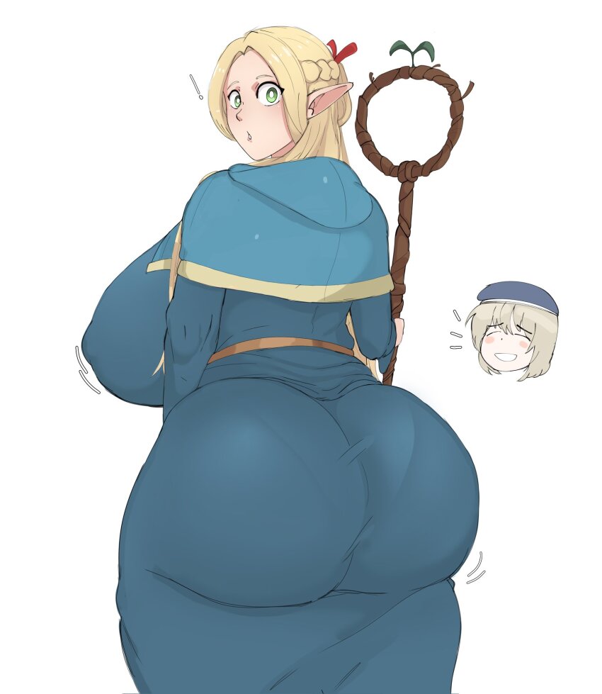 2girls :o ass blonde_hair blush breasts closed_eyes clothes dungeon_meshi falin_touden green_eyes highres huge_ass huge_breasts long_hair looking_back marcille_donato medium_hair multiple_girls open_mouth pointy_ears shinhyunxi simple_background smile surprised white_background