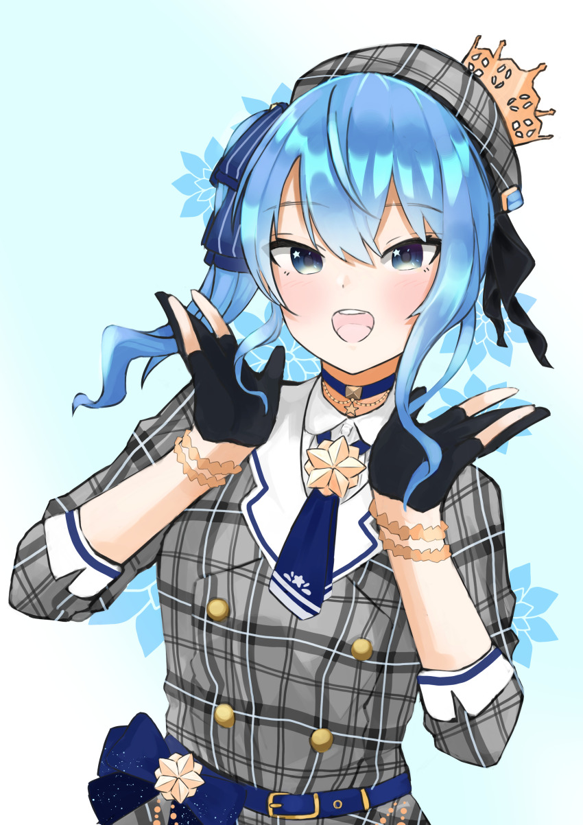 1girl absurdres belt beret black_gloves blue_belt blue_choker blue_hair chankuro choker gloves grey_hat grey_shirt hat highres hololive hoshimachi_suisei hoshimachi_suisei_(1st_costume) looking_at_viewer medium_hair open_mouth partially_fingerless_gloves shirt sidelocks smile solo star_(symbol) star_in_eye symbol_in_eye teeth upper_teeth_only virtual_youtuber