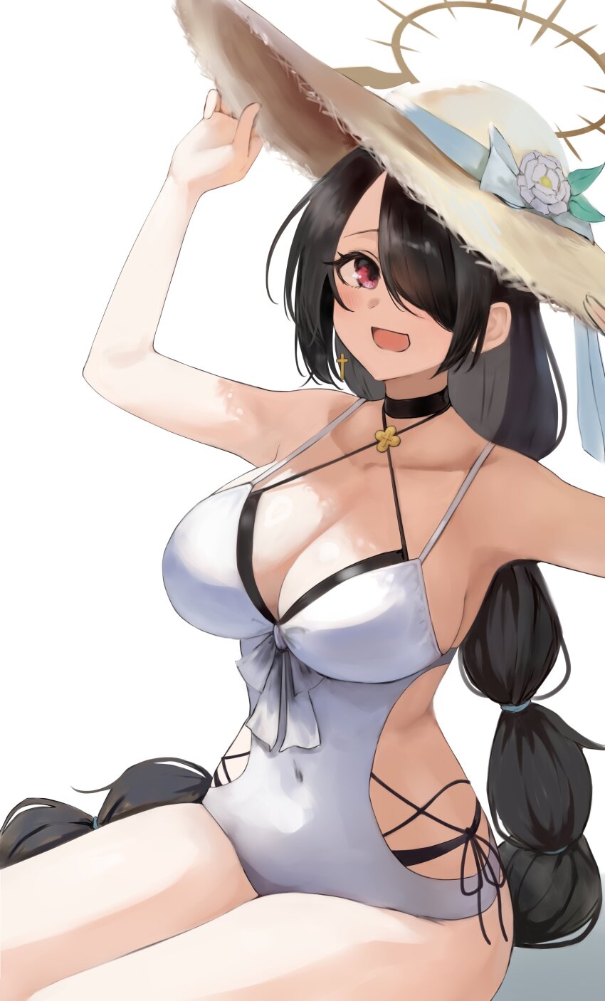 1girl absurdres bare_shoulders black_hair blue_archive blush braid braided_ponytail breasts choker cleavage collarbone hair_over_one_eye halo hat highres hinata_(blue_archive) hinata_(swimsuit)_(blue_archive) lamp_p9 large_breasts long_hair looking_at_viewer one-piece_swimsuit open_mouth red_eyes smile solo sun_hat swept_bangs swimsuit thighs white_one-piece_swimsuit yellow_hat