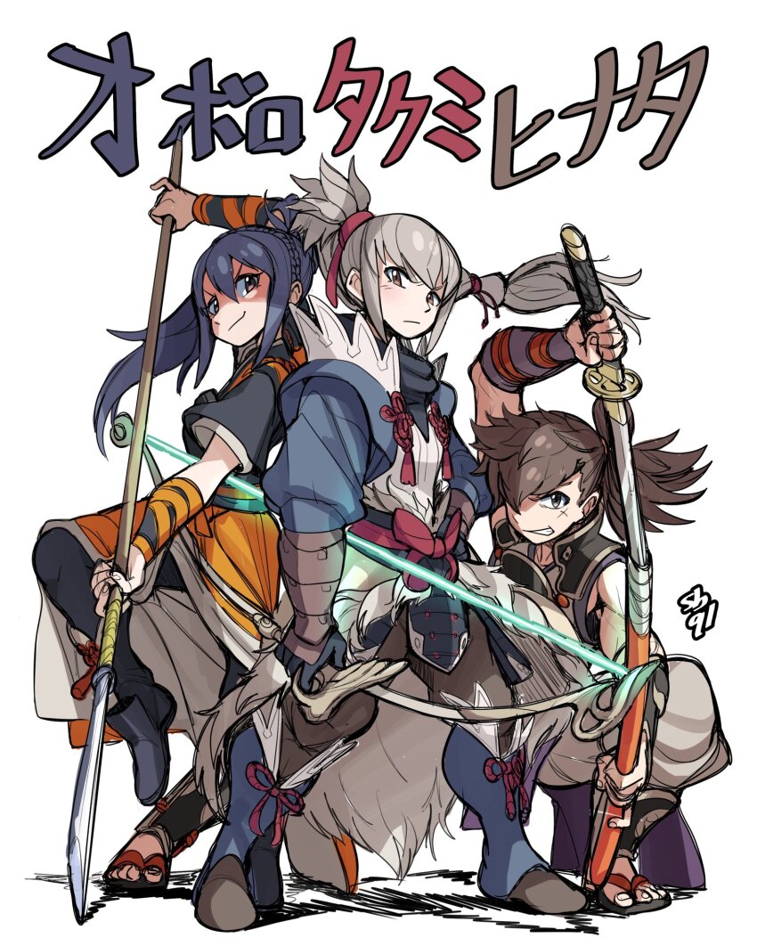 1girl 2boys blue_hair bow_(weapon) brown_eyes brown_hair dark_blue_hair fire_emblem fire_emblem_fates grey_hair highres hinata_(fire_emblem) holding holding_bow_(weapon) holding_polearm holding_sword holding_weapon japanese_clothes katana long_hair multiple_boys naginata nintendo oboro_(fire_emblem) polearm sbql_(niaunclefan) sword takumi_(fire_emblem) translation_request weapon yumi_(bow)