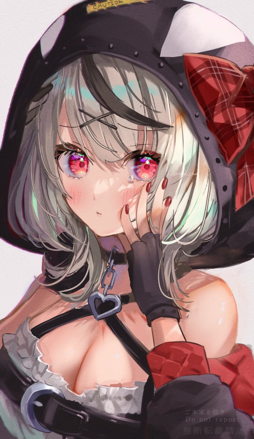 1girl black_gloves black_hair blush breasts cleavage closed_mouth fingerless_gloves gloves grey_hair hair_ornament highres hololive hood hood_up large_breasts long_sleeves looking_at_viewer multicolored_hair nail_polish red_eyes red_nails sakamata_chloe samo_cha shirt simple_background solo streaked_hair tearing_up upper_body virtual_youtuber white_shirt x_hair_ornament