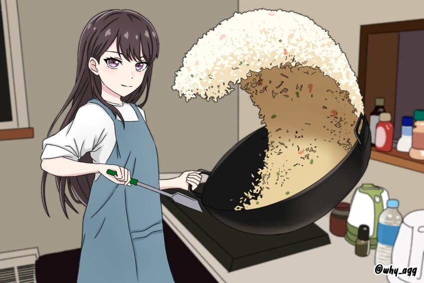1girl a_whydc bang_dream! bang_dream!_it&#039;s_mygo!!!!! bottle brown_hair closed_mouth commentary cooking electric_kettle english_commentary fried_rice_prank_(meme) hair_behind_ear highres holding holding_spatula indoors kettle long_hair looking_at_viewer meme purple_eyes rice shiina_taki shirt short_sleeves solo spatula white_shirt wok