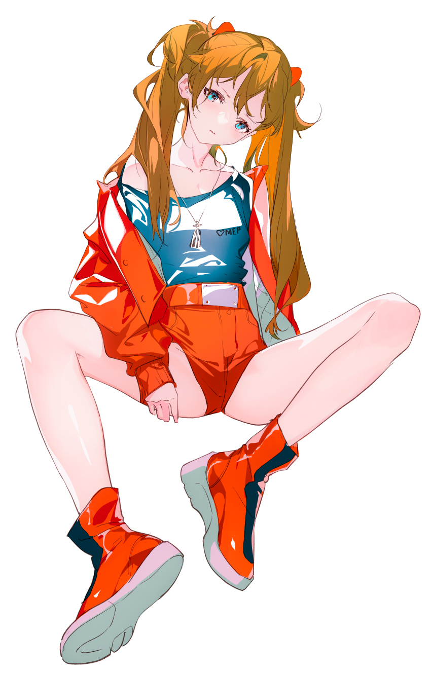 1girl absurdres blue_shirt closed_mouth collarbone commentary grandia_lee head_tilt highres jacket jewelry light_blush long_hair looking_at_viewer necklace neon_genesis_evangelion off_shoulder open_clothes open_jacket orange_hair red_footwear red_jacket red_shorts shirt shoes shorts simple_background single_off_shoulder sitting sneakers solo souryuu_asuka_langley spread_legs symbol-only_commentary twintails white_background