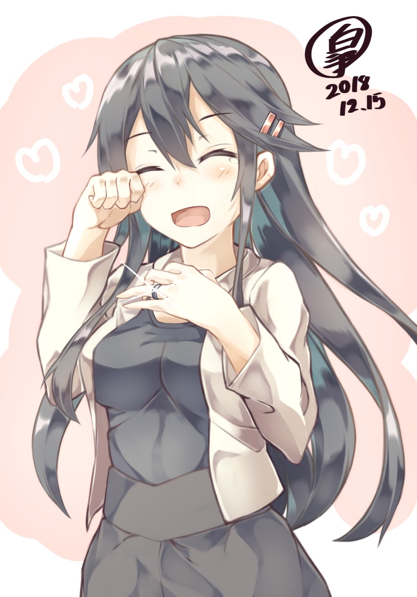 1girl :d ^_^ alternate_costume black_hair black_shirt black_skirt blush breasts casual closed_eyes commentary_request dated female_focus glint hair_between_eyes hair_ornament hairclip hands_up haruna_(kancolle) heart highres jacket jewelry kantai_collection large_breasts long_hair long_sleeves open_clothes open_jacket open_mouth ourah_ikuzus ring rubbing_eyes shirt shirt_tucked_in sidelocks signature skirt smile solo tears upper_body wedding_band white_jacket