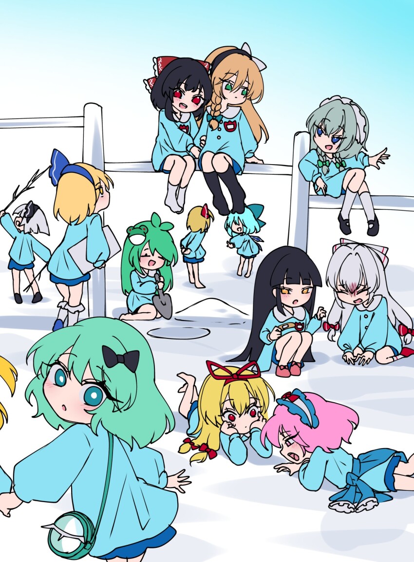 aged_down alice_margatroid alice_margatroid_(pc-98) bag bandaid black_hair black_socks blonde_hair blue_eyes blue_footwear blue_hair blue_hairband blue_shirt blue_skirt braid bruise bruise_on_face child cirno fujiwara_no_mokou green_eyes green_hair grey_hair hairband hakurei_reimu highres holding holding_shovel houraisan_kaguya injury izayoi_sakuya kindergarten kindergarten_uniform kirisame_marisa kneehighs kochiya_sanae komeiji_koishi konpaku_youmu long_hair maid_headdress multiple_girls name_tag pink_footwear pink_hair red_eyes rumia saigyouji_yuyuko shirt short_hair shovel single_braid skirt socks suzukono_kiwami touhou touhou_(pc-98) twin_braids very_long_hair white_socks yakumo_yukari yellow_eyes