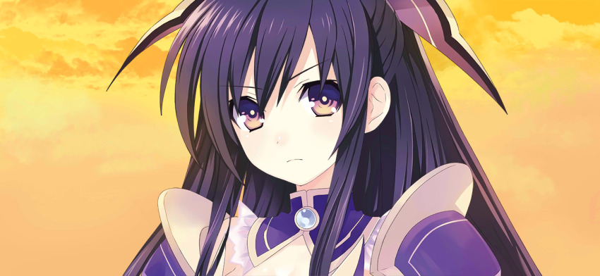 1girl armor bad_link bow brooch closed_mouth date_a_live date_a_live:_spirit_pledge detached_collar dusk game_cg hair_between_eyes hair_bow jewelry long_hair looking_at_viewer official_art outdoors purple_eyes purple_hair shoulder_armor solo third-party_source upper_body v-shaped_eyebrows yatogami_tohka