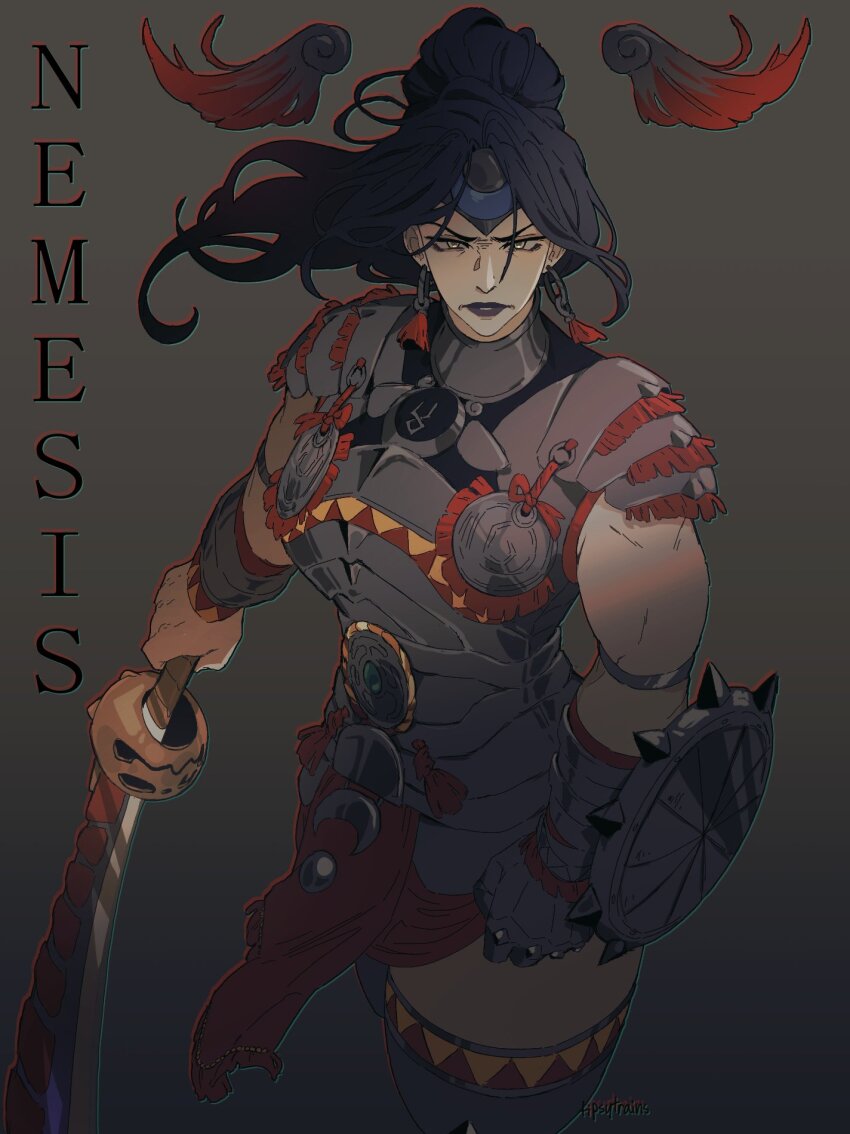 1girl arm_shield armor biceps black_hair cowboy_shot cuisses earrings forehead_protector gauntlets hades_(series) hades_1 hades_2 hair_bun highres hoop_earrings jewelry leg_armor looking_at_viewer muscular muscular_female nail_polish nemesis_(hades) planted planted_sword planted_weapon purple_lips red_nails shoulder_armor solo sword tagme thighs tipsytrains weapon yellow_eyes