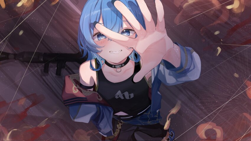 1girl black_collar black_pants black_tank_top blue_eyes blue_hair blue_jacket blush collar collarbone commentary_request from_above hair_between_eyes highres hololive hololive_grand_theft_auto hoshimachi_suisei jacket long_hair looking_at_viewer motoi_(croa76) open_clothes open_jacket outstretched_arms pants rocket_launcher rpg_(weapon) sidelocks smile solo star_(symbol) star_in_eye symbol_in_eye tank_top teeth virtual_youtuber weapon