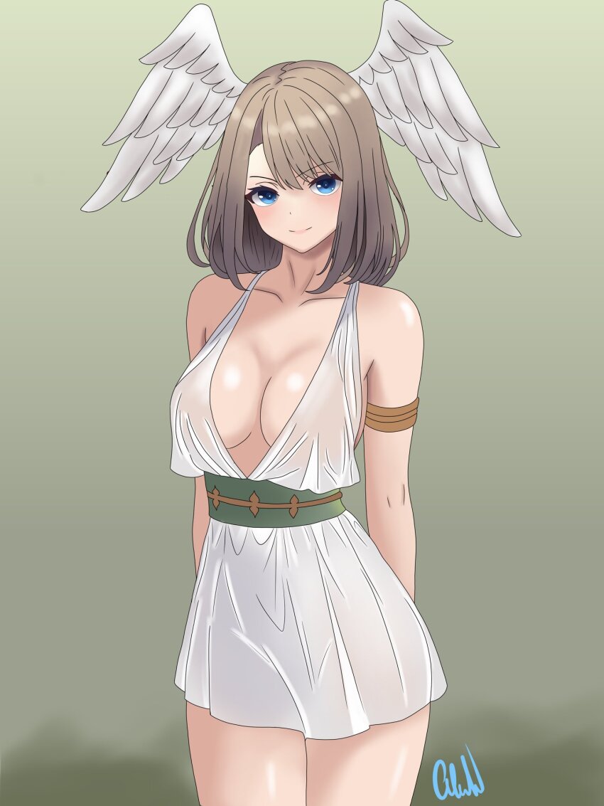 1girl alternate_costume angel_wings arms_behind_back artist_name blue_eyes blush breasts brown_hair cleavage eunie_(xenoblade) highres large_breasts legs looking_at_viewer medium_hair pink_lips smile solo thighs wings xenoblade_chronicles_(series) xenoblade_chronicles_3