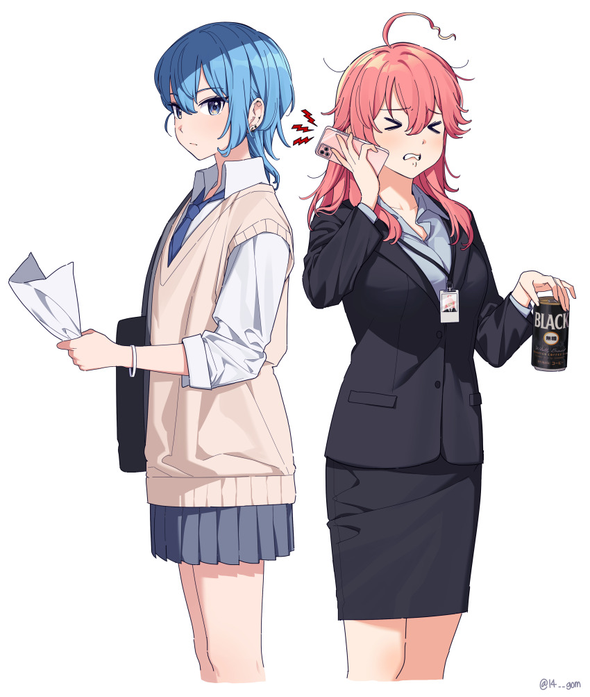 &gt;_&lt; 14_(vision5032) 2girls absurdres ahoge alternate_costume bag black_bag black_jacket black_skirt blue_eyes blue_hair blue_necktie blue_shirt brown_sweater_vest can canned_coffee cellphone clenched_teeth closed_mouth collared_shirt commentary_request double-parted_bangs drink_can ear_piercing green_eyes grey_skirt hair_between_eyes highres holding holding_can holding_paper holding_phone hololive hoshimachi_suisei id_card jacket lanyard long_hair long_sleeves medium_hair messy_hair miniskirt multiple_girls necktie office_lady open_mouth paper pencil_skirt phone piercing pink_hair pleated_skirt sakura_miko school_bag shirt simple_background skirt sleeves_past_elbows sleeves_rolled_up smartphone socks standing suit_jacket sweater_vest teeth virtual_youtuber white_background white_bag white_shirt wolf_cut wristband