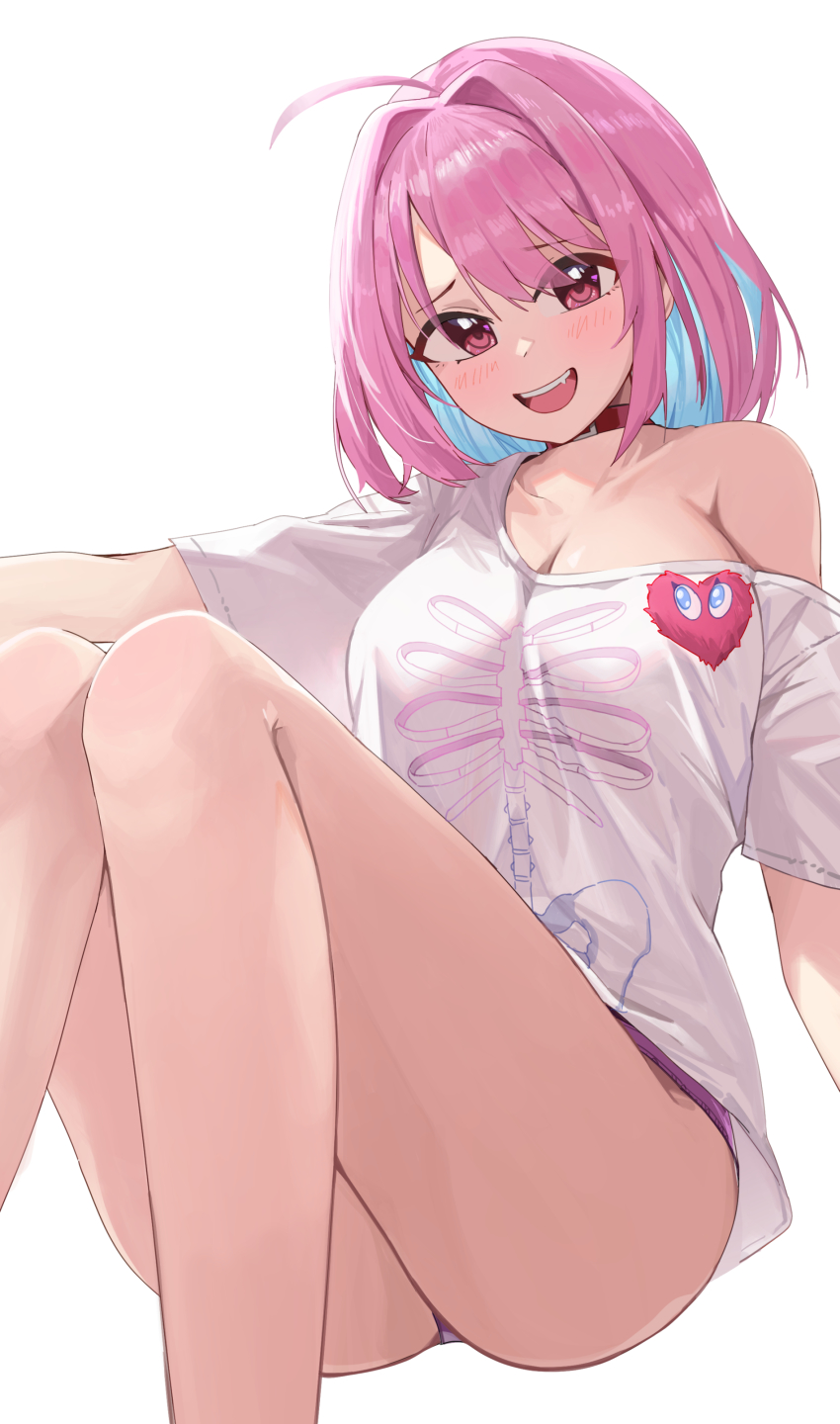 1girl 26th absurdres ahoge bare_legs blue_hair blush bob_cut bone_print breasts cleavage collarbone hair_intakes heart_on_chest highres idolmaster idolmaster_cinderella_girls knees_up large_breasts looking_at_viewer multicolored_hair no_pants panties panty_peek pink_eyes pink_hair pink_panties shirt simple_background single_bare_shoulder smile solo two-tone_hair underwear white_background white_shirt yumemi_riamu