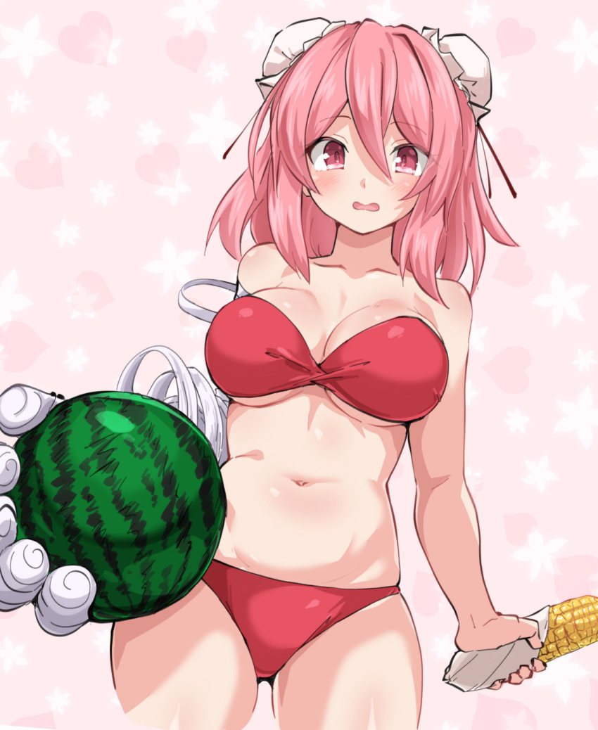 1girl bandaged_arm bandages bikini breasts bun_cover cleavage commentary corn cowboy_shot double_bun food fruit hair_bun highres holding holding_food holding_fruit holding_watermelon huyusilver ibaraki_kasen large_breasts medium_hair navel pink_background pink_eyes pink_hair red_bikini short_hair solo star_(symbol) star_symbol_background swimsuit touhou watermelon