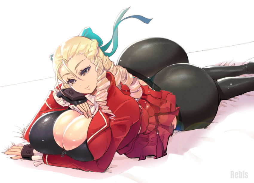 1girl artist_name ass black_pantyhose blonde_hair bow breasts brown_eyes capcom cleavage curvy drill_hair endou_aya female_focus fingerless_gloves gloves hair_bow hair_slicked_back huge_ass huge_breasts kanzuki_karin long_hair looking_at_viewer lying on_stomach pantyhose rebis ringlets smile solo street_fighter street_fighter_v thong zipper