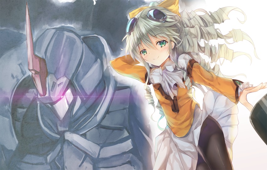 1girl ascot black_pantyhose bow closed_mouth cowboy_shot dress goggles goggles_on_head green_eyes grey_hair hair_between_eyes hair_bow inoue_takuya_(tactactak) long_hair looking_at_viewer maria_balthasar mecha orange_shirt pantyhose ringlets robot seibzehn shirt smile solo white_dress xenogears yellow_bow