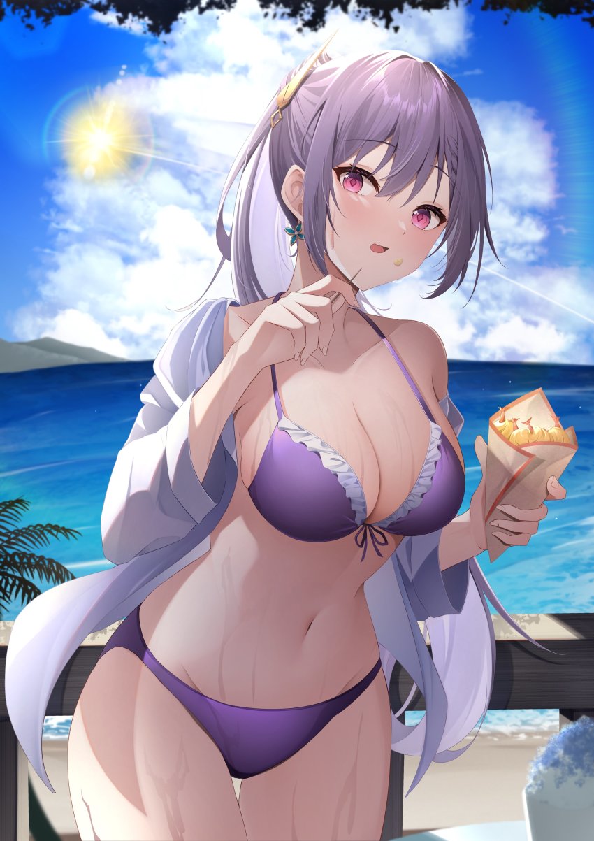 1girl absurdres alternate_hairstyle bare_shoulders beach bikini breasts cleavage cowboy_shot day diamond-shaped_pupils diamond_(shape) earrings ekidona frilled_bikini frills front-tie_bikini_top front-tie_top genshin_impact grey_jacket hair_ornament hairclip halterneck halterneck highres holding jacket jewelry keqing_(genshin_impact) large_breasts long_hair long_sleeves looking_at_viewer navel off_shoulder open_clothes open_jacket open_mouth outdoors pink_eyes ponytail purple_bikini purple_hair solo standing stomach string_bikini sun sunlight swimsuit symbol-shaped_pupils thigh_gap thighs very_long_hair wet