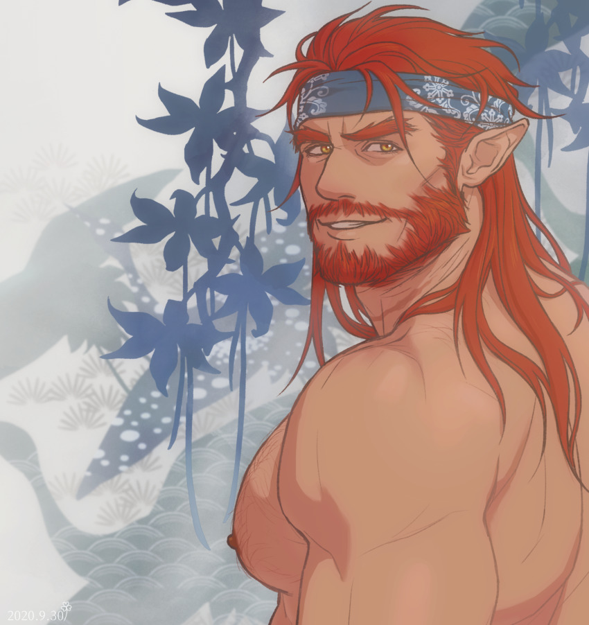 1boy bara beard chest_hair close-up dogandclover facial_hair hairy headband highres large_pectorals long_hair male_focus mature_male muscular muscular_male nipples original pectorals plant pointy_ears puffy_chest red_hair smile topless_male yaoi yellow_eyes