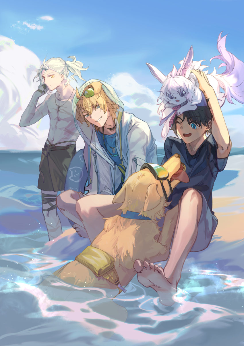 1other 3boys :3 abs absurdres animal animal_collar animal_ear_fluff animal_ears arknights bandaged_arm bandaged_leg bandages barefoot beach black_shirt black_shorts blonde_hair blue_eyes blue_sky blue_vest cat cat_nose chinese_commentary closed_mouth cloud collar collarbone commentary_request crossover dog dog_boy dog_ears dog_nose dog_tags dog_tail edmond_dantes_(fate) eyewear_on_head fate/grand_order fate_(series) fluffy fou_(fate) fujimaru_ritsuka_(male) goggles green-tinted_eyewear grey_shorts hair_between_eyes hand_up highres holding holding_animal hood hood_up hooded_jacket inflatable_toy jacket jewelry key key_necklace kuaile_xiaogou_(xin69476) long_sleeves looking_at_another looking_down male_focus multiple_boys multiple_necklaces multiple_scars necklace open_clothes open_jacket open_mouth parted_lips pink_ribbon pocket pointy_ears ponytail ribbon scar scar_on_arm scar_on_chest scar_on_leg scar_on_stomach see-through_clothes shirt shorts sitting sky smile sunglasses tail teeth tequila_(arknights) thick_eyebrows tinted_eyewear tongue vest water white_fur white_hair yellow_bag yellow_eyes yellow_fur