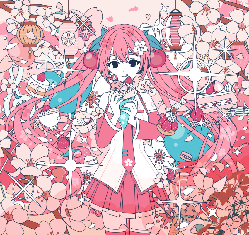 1girl balloon betete black_eyes branch cake candy cherry cherry_blossoms closed_mouth commentary cream cream_puff cup dessert detached_sleeves donut falling_petals floating_hair flower food fruit hatsune_miku headphones heart heart-shaped_food heart-shaped_lollipop heart_balloon holding holding_food ice_cream ice_cream_cone lantern licking_lips lollipop long_hair looking_at_viewer macaron musical_note nail_polish necktie paper_lantern petals pink_nails pink_necktie pink_petals sakura_miku shaped_lollipop shirt skirt sleeveless sleeveless_shirt smile sparkle strawberry strawberry_shortcake swirl_lollipop tart_(food) teacup thighhighs tongue tongue_out twintails very_long_hair vocaloid zettai_ryouiki