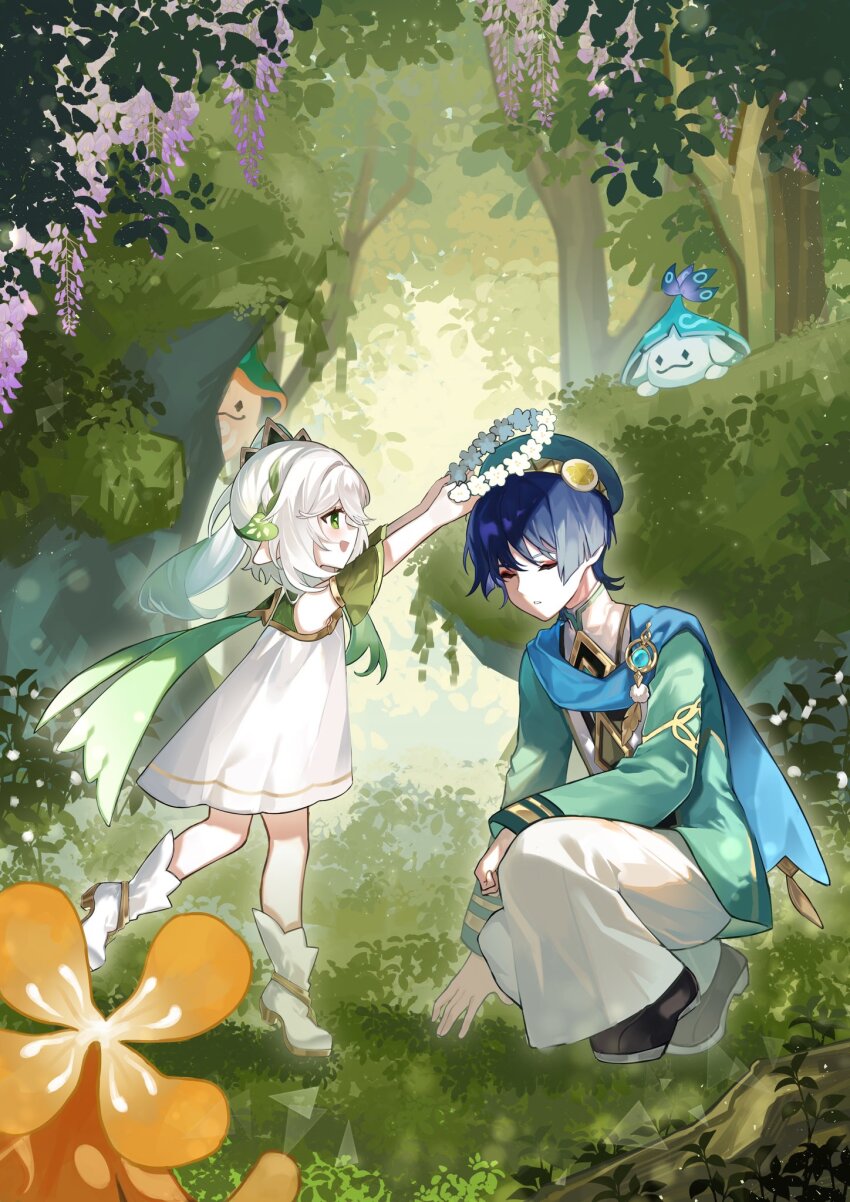 1boy 1girl adapted_costume akademiya_uniform alternate_costume alternate_footwear aranara_(genshin_impact) ararycan_(genshin_impact) arm_on_thigh armlet beret black_footwear blue_gemstone blue_scarf blunt_ends cape closed_eyes coat detached_sleeves dress eyelashes eyeliner eyeshadow feathers flower flower_wreath foot_up forest full_body gem genshin_impact gold_trim green_cape green_coat green_eyes green_hair green_hat green_sleeves hair_ornament half_crown_braid hat highres jewelry kneeling leaf leaf_hair_ornament long_hair long_sleeves looking_at_another makeup multicolored_hair nahida_(genshin_impact) nature open_hand open_mouth outdoors pants parted_lips pom_pom_(clothes) purple_hair red_eyeliner red_eyeshadow scaramouche_(genshin_impact) scarf shoes side_ponytail sidelocks sideways_mouth streaked_hair vision_(genshin_impact) wanderer_(genshin_impact) white_dress white_flower white_footwear white_hair white_mouth white_pants yellow_feathers yuna_hieu