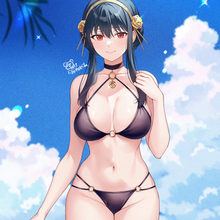 1girl bikini black_bikini black_choker black_hair breasts choker closed_eyes cloud collarbone commission dated e_(eokiba) gold_hairband hairband highres navel o-ring o-ring_bikini red_eyes sidelocks signature skeb_commission sky smile solo spy_x_family swimsuit yor_briar