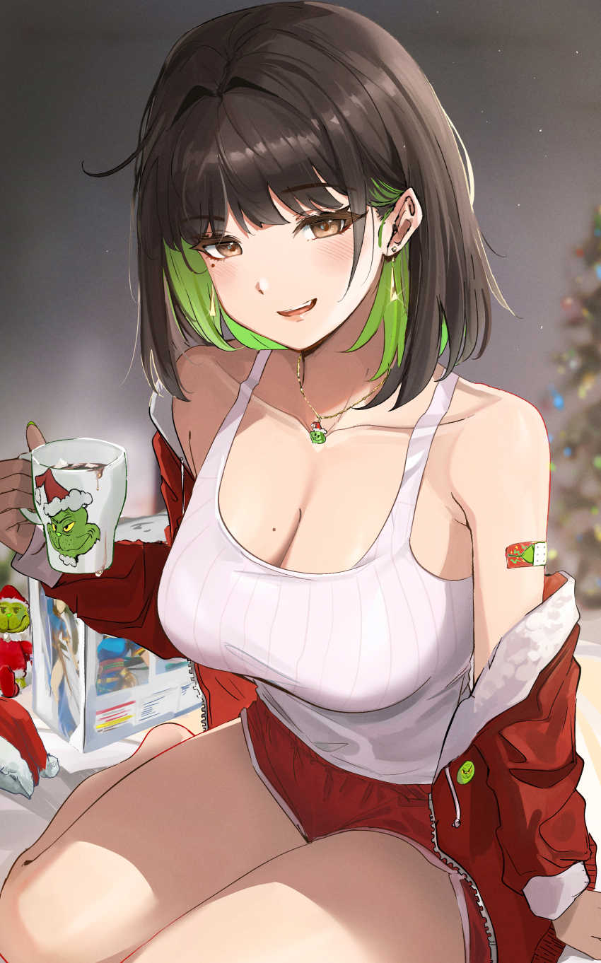 1boy 1girl absurdres bandaid bandaid_on_arm bare_shoulders black_hair breasts brown_eyes christmas cleavage colored_inner_hair earrings green_hair hat highres how_the_grinch_stole_christmas jewelry large_breasts miru_(ormille) mole mole_on_breast mole_under_eye multicolored_hair original ormille santa_hat smile the_grinch