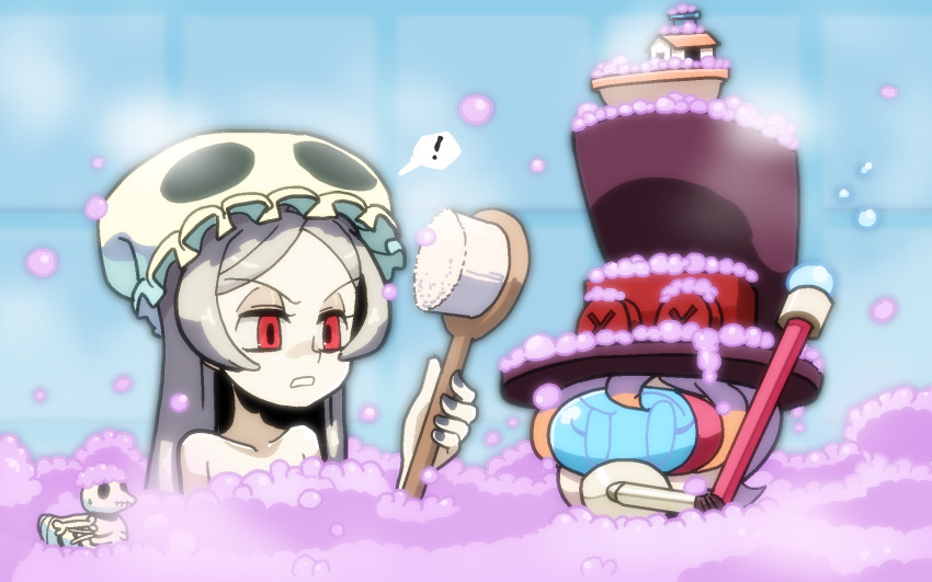 2girls bath bathing black_nails bloody_marie_(skullgirls) bubble_bath goggles grey_hair hair_down half-closed_eyes hat highres kuroirozuki long_hair multiple_girls nail_polish open_mouth orange_hair peacock_(skullgirls) red_eyes rubber_duck short_hair shower_cap skullgirls snorkel top_hat toy toy_boat