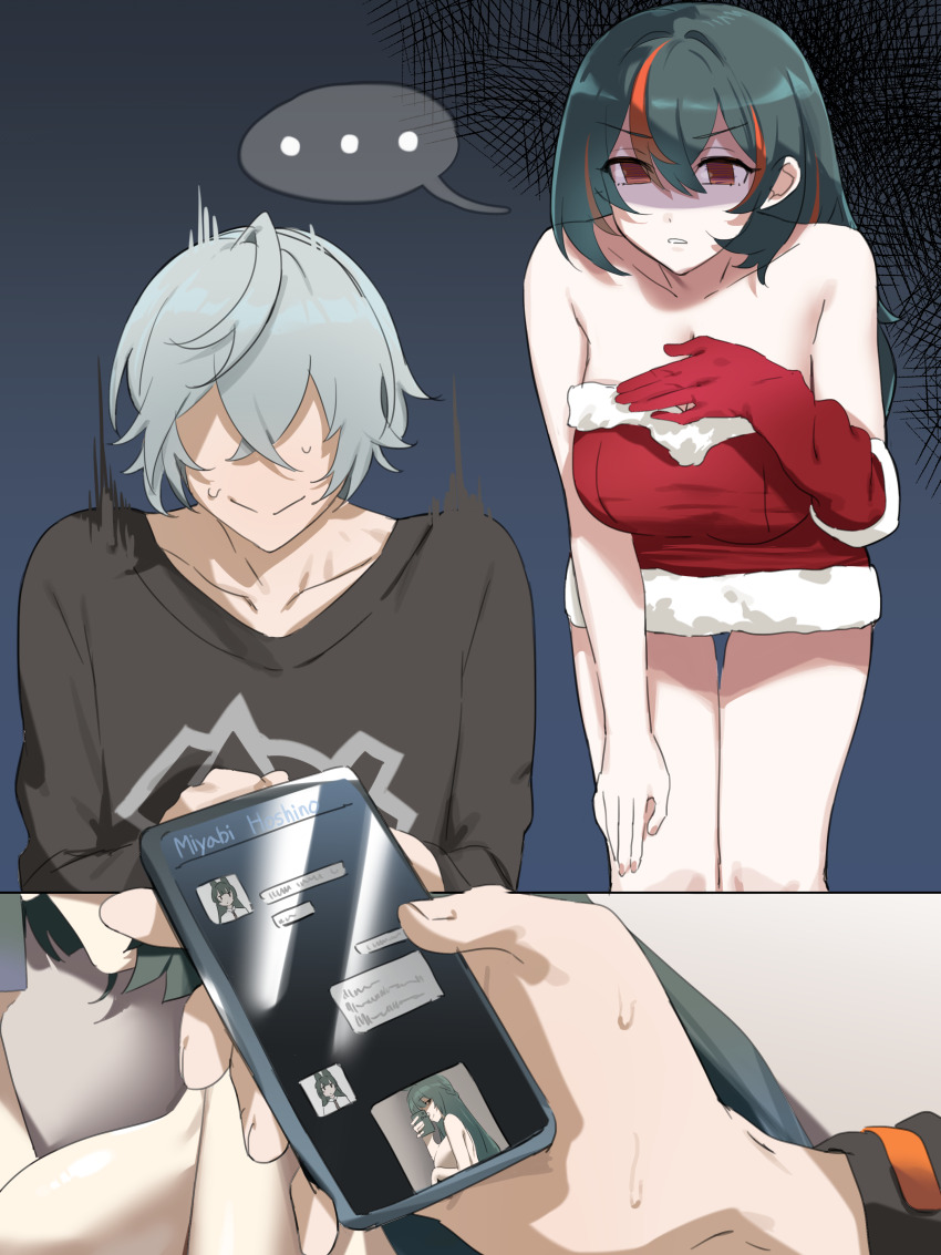 ... 1boy 2girls absurdres bare_shoulders black_hair black_shirt cellphone collarbone dress grey_hair highres hoshimi_miyabi kame_(addlechicken) multicolored_hair multiple_girls phone red_eyes red_hair santa_dress shaded_face shirt short_hair smartphone streaked_hair sweatdrop text_messaging two-tone_hair wise_(zenless_zone_zero) zenless_zone_zero zhu_yuan