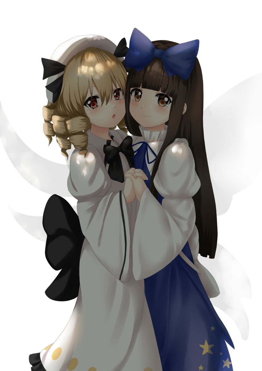 2girls :o beret black_bow black_bowtie black_ribbon blonde_hair blunt_bangs blush bow bowtie brown_eyes brown_hair chinese_commentary closed_mouth commentary doge_(jkdoge) dress drill_hair feet_out_of_frame grey_wings hair_between_eyes hair_bow hat heads_together highres holding_hands interlocked_fingers long_dress long_hair long_sleeves luna_child multiple_girls neck_ribbon open_mouth print_dress purple_bow purple_dress purple_ribbon ribbon simple_background smile standing star_(symbol) star_print star_sapphire touhou white_background white_dress white_hat wide_sleeves wings