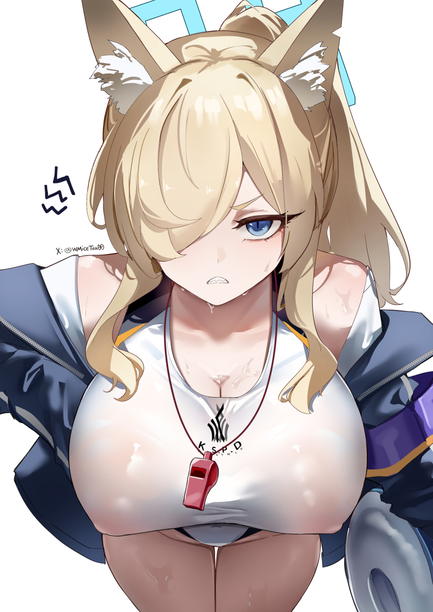 1girl absurdres animal_ear_fluff animal_ears black_jacket blonde_hair blue_archive blue_eyes blue_halo blush breasts clenched_teeth competition_swimsuit covered_erect_nipples cowboy_shot dog_ears donggua_bing_cha hair_over_one_eye halo highres jacket kanna_(blue_archive) kanna_(swimsuit)_(blue_archive) large_breasts long_hair long_sleeves looking_at_viewer official_alternate_costume one-piece_swimsuit open_clothes open_jacket simple_background solo swimsuit teeth twitter_username whistle whistle_around_neck white_background white_one-piece_swimsuit