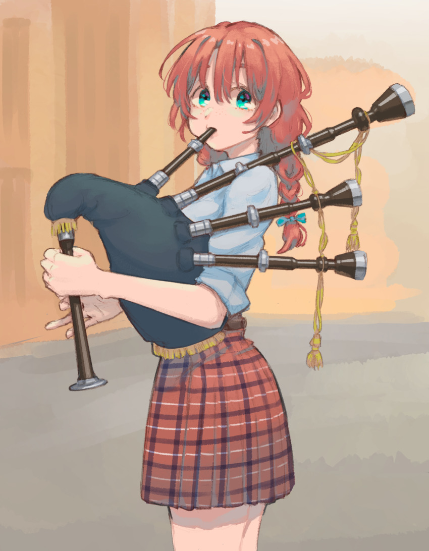 1girl bad_id bad_pixiv_id bagpipes braid commentary_request emma_verde freckles hair_ribbon highres instrument irenji long_hair love_live! love_live!_nijigasaki_high_school_idol_club love_live!_school_idol_festival_all_stars music plaid_clothes plaid_skirt playing_instrument red_hair ribbon skirt solo twin_braids