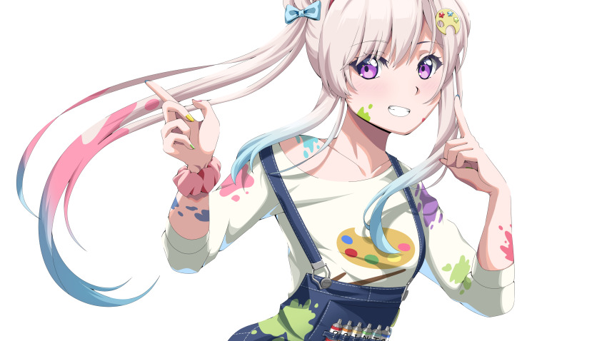 absurdres airani_iofifteen airani_iofifteen_(1st_costume) blue_bow blue_nails blue_overalls bow hair_bow highres hololive hololive_indonesia kuroyuki-mitsuki looking_at_viewer multicolored_nails nail_polish overalls paint_on_body palette_hair_ornament pink_hair purple_eyes shirt smile solo transparent_background virtual_youtuber white_shirt yellow_nails