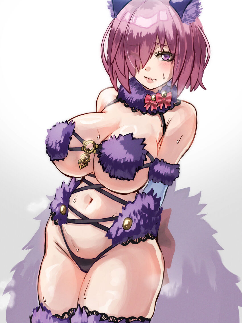 1girl absurdres animal_ears bare_shoulders black_panties blush bow breasts cleavage elbow_gloves fate/grand_order fate_(series) fur-trimmed_gloves fur-trimmed_legwear fur_collar fur_trim gloves hair_over_one_eye highres lace lace-trimmed_legwear lace_trim large_breasts looking_at_viewer mash_kyrielight mash_kyrielight_(dangerous_beast) navel o-ring panties pink_hair purple_eyes purple_gloves purple_thighhighs revealing_clothes shibao_aoyama short_hair solo tail thighhighs thighs underwear variant_set wolf_ears wolf_tail