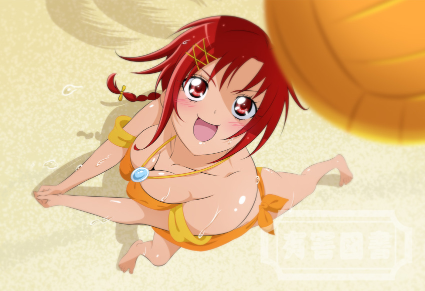 1girl barefoot beach bikini blush braid breasts cleavage fuchi_(nightmare) hair_ribbon hino_akane_(smile_precure!) jewelry medium_breasts necklace open_mouth orange_bikini precure red_eyes red_hair ribbon shadow short_hair single_braid smile smile_precure! solo sweatdrop swimsuit volleyball yellow_ribbon