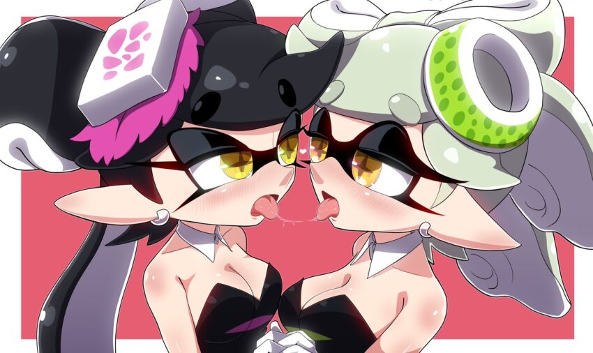 2girls after_kiss black_hair blush callie_(splatoon) cephalopod_eyes cousins earrings food food_on_head incest inkling jewelry looking_at_another marie_(splatoon) multiple_girls nintendo object_on_head pointy_ears red_background simple_background splatoon_(series) splatoon_1 squid suction_cups tentacle_hair usa_(dai9c_carnival) white_background white_hair yellow_eyes yuri