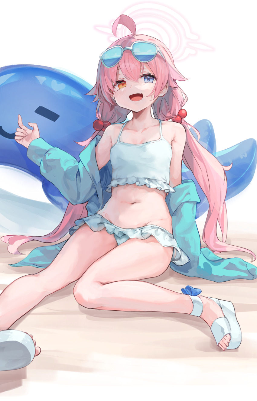 1girl :d absurdres ahoge bare_legs bikini blue_archive blue_eyes collarbone eyewear_on_head fang feet frilled_bikini frills green_jacket groin hair_bobbles hair_ornament halo hand_up heterochromia highres hip_bones hoshino_(blue_archive) hoshino_(swimsuit)_(blue_archive) inflatable_toy inflatable_whale jacket legs long_hair looking_at_viewer makihitsuji navel official_alternate_costume open_clothes open_jacket open_mouth pink_hair platform_footwear sandals simple_background sitting skin_fang smile solo stomach swimsuit thighs toes twintails very_long_hair whale white_background white_bikini white_footwear yellow_eyes