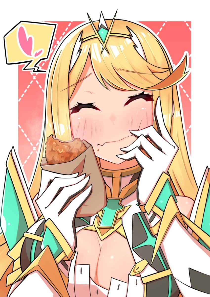 1girl bare_shoulders blonde_hair breasts chest_jewel cleavage closed_eyes core_crystal_(xenoblade) eating food heart highres holding holding_food large_breasts long_hair mythra_(xenoblade) osora_(judithandlilith) solo speech_bubble spoken_heart tiara upper_body xenoblade_chronicles_(series) xenoblade_chronicles_2