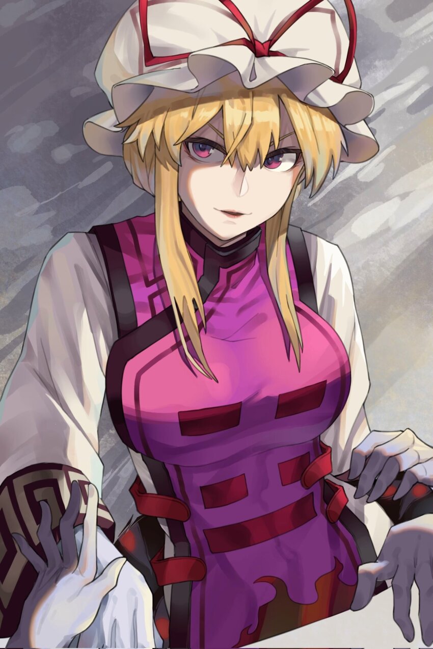 1girl blonde_hair breasts closed_mouth corrupted_twitter_file gap_(touhou) hat hat_ribbon highres large_breasts long_sleeves looking_at_viewer medium_hair mob_cap onionmay purple_eyes red_ribbon ribbon sidelocks solo tabard touhou white_hat yakumo_yukari