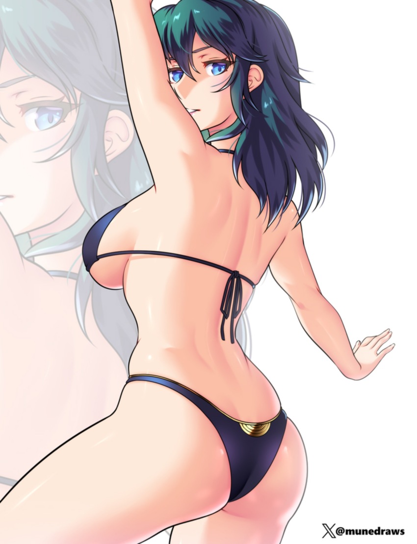 1girl absurdres alternate_costume ass bare_shoulders bikini blue_eyes breasts byleth_(female)_(fire_emblem) byleth_(female)_(summer)_(fire_emblem) byleth_(fire_emblem) etchimune fire_emblem fire_emblem:_three_houses fire_emblem_heroes from_behind green_hair highres long_hair looking_at_viewer medium_breasts nintendo sideboob smile solo swimsuit