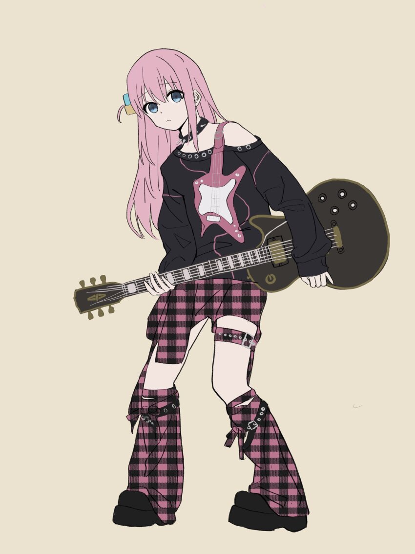 bigrabbitcookie black_shirt bocchi_the_rock! brown_background checkered_clothes checkered_footwear checkered_skirt choker electric_guitar full_body gotoh_hitori guitar highres holding holding_instrument instrument long_hair pink_hair shirt skirt solo unmoving_pattern