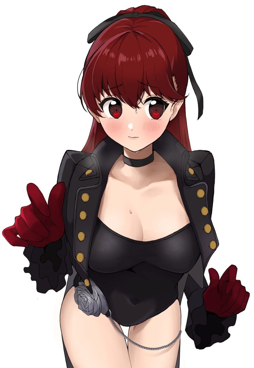 1girl black_choker black_jacket black_leotard blush breasts choker collarbone frilled_sleeves frills gloves highres jacket koyuki0125k large_breasts leotard long_hair long_sleeves persona persona_5 persona_5_the_royal ponytail red_eyes red_gloves red_hair simple_background solo sweat yoshizawa_kasumi