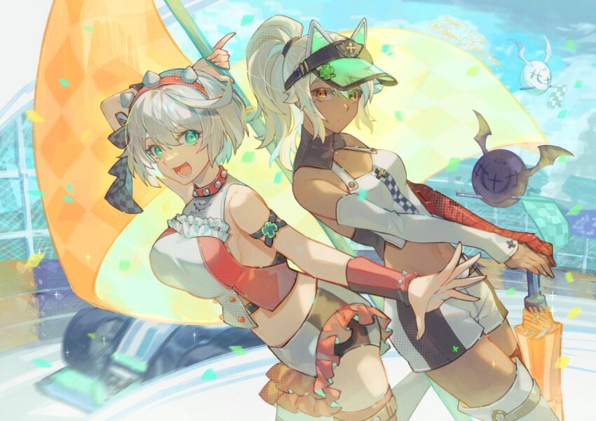 2girls bare_shoulders blurry blurry_background breasts commentary cowboy_shot dark-skinned_female dark_skin elphelt_valentine frills green_hat grey_hair guilty_gear hat high_ponytail holding holding_umbrella large_breasts long_hair looking_at_viewer multiple_girls race_queen ramlethal_valentine short_hair siblings sisters symbol-only_commentary umbrella visor_cap youmicitrustea