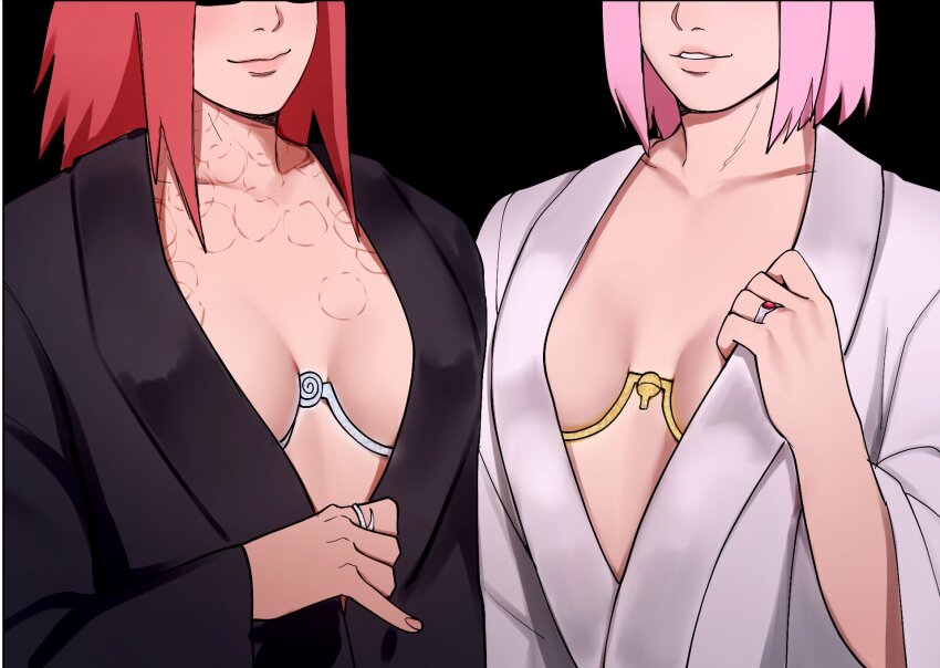 alternate_breast_size alternate_costume bite_mark bite_mark_on_neck boruto:_naruto_next_generations breasts glasses haruno_sakura highres jewelry karin_(naruto) lipstick long_hair makeup medium_breasts multiple_girls naruto_(series) pink_hair red_hair ring robe short_hair smile suika_suigetsu uchiha_symbol uzumaki_symbol