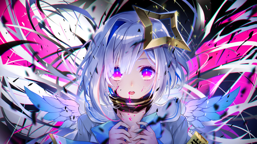 1girl amane_kanata angel_wings armband blood bob_cut colored_inner_hair commentary_request female_focus glowing glowing_eyes hair_ornament halo highres hololive looking_at_viewer multicolored_hair open_mouth portrait purple_eyes ria_(rilpoppo) shirt short_hair silver_hair single_hair_intake solo star_halo virtual_youtuber wings