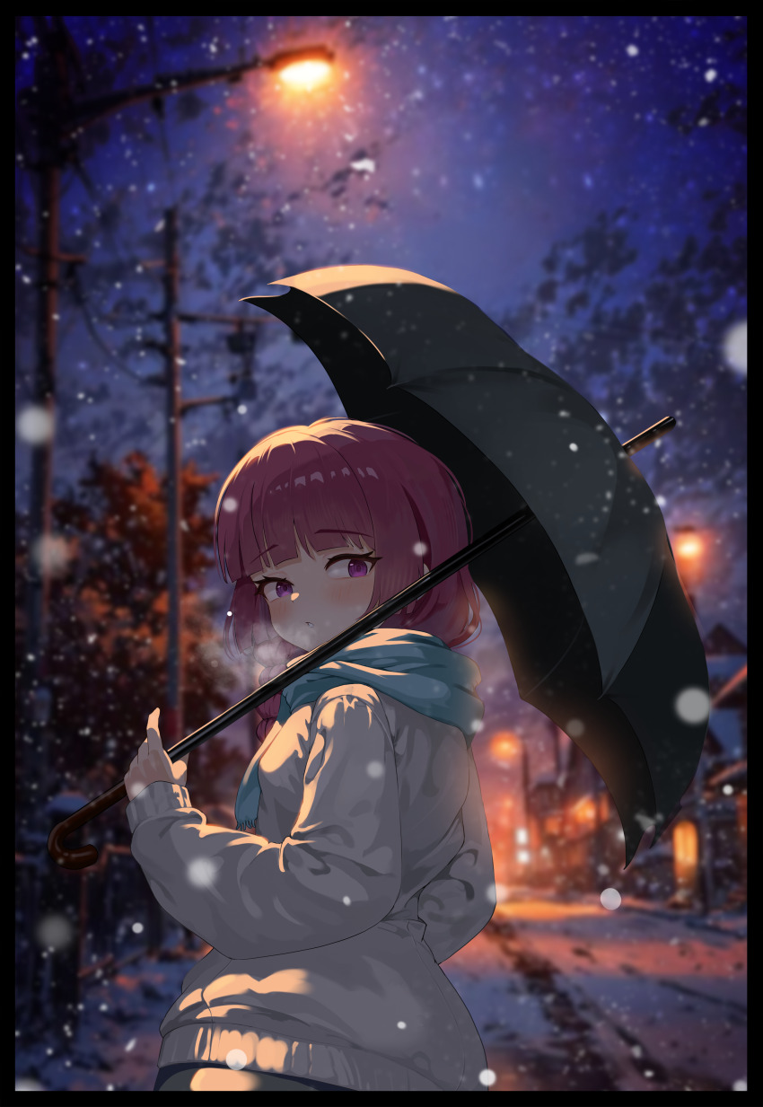 1girl absurdres agm black_border blue_scarf blunt_bangs blurry blurry_background bocchi_the_rock! border braid commentary english_commentary highres hiroi_kikuri holding holding_umbrella lamppost long_hair looking_at_viewer looking_back medium_hair night outdoors parted_lips purple_eyes purple_hair scarf single_braid snowing solo sweater umbrella