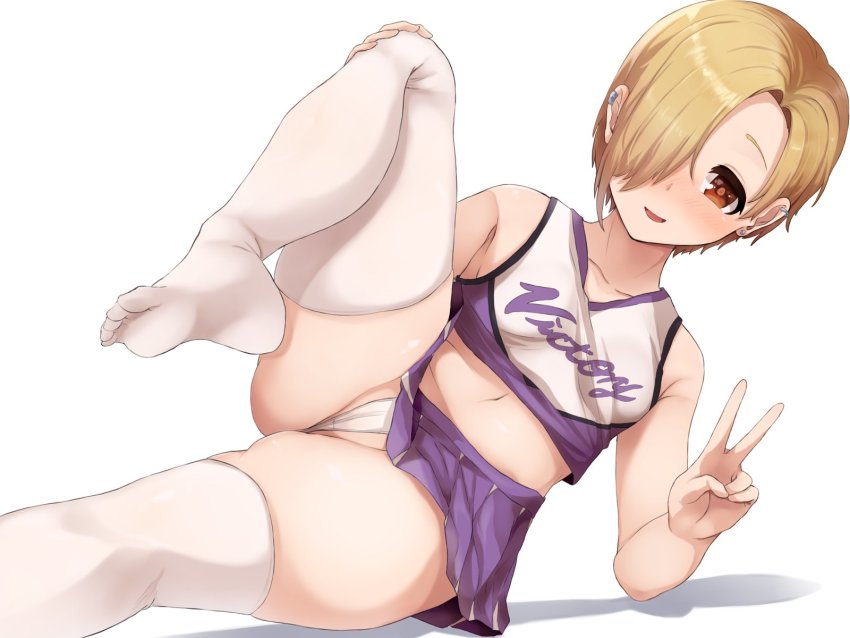 1girl aki_(sangetusei) blonde_hair breasts cheerleader crop_top female_focus hair_over_one_eye highres idolmaster idolmaster_cinderella_girls looking_at_viewer midriff miniskirt open_mouth panties pleated_skirt red_eyes shiny_skin shirasaka_koume shirt short_hair simple_background skirt sleeveless sleeveless_shirt smile solo thighs underwear white_background white_panties