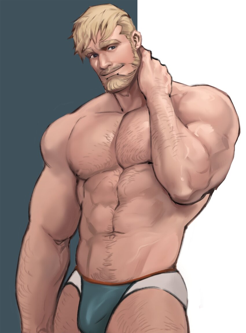 1boy arm_hair bara beard blonde_hair bulge chest_hair connected_beard dopey_(dopq) facial_hair hand_on_own_neck highres leg_hair male_focus male_underwear multicolored_background multicolored_male_underwear muscular muscular_male mustache_stubble navel original pectorals short_hair smile stubble underwear underwear_only