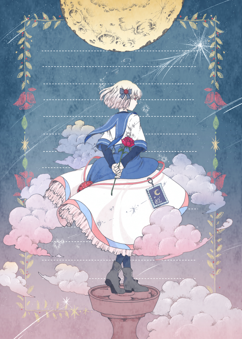 1girl absurdres arms_behind_back blue_background blue_bow blue_dress blue_legwear blue_sailor_collar boots border bow cloud commentary_request dress flower frilled_dress frills from_behind full_body full_moon gradient_background grey_footwear hair_bow hair_ornament highres holding holding_flower long_sleeves looking_at_viewer looking_back mashiro_musashi moon original partial_commentary personification pink_background postage_stamp profile red_eyes red_flower red_ribbon red_rose ribbon rose sailor_collar shooting_star short_hair solo stamp standing star_(sky) star_(symbol) striped_bow two-tone_dress wax_seal wax_seal_hair_ornament white_dress