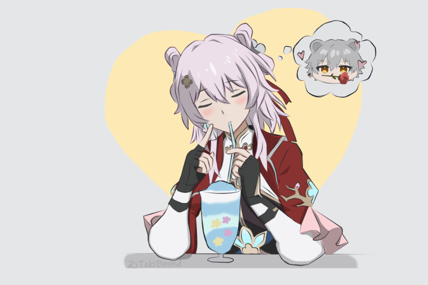 1boy 1girl caelus_(honkai:_star_rail) couple drink drinking drinking_straw flower grey_hair honkai:_star_rail honkai_(series) march_7th_(honkai:_star_rail) march_7th_(hunt)_(honkai:_star_rail) red_flower red_rose rose sitting trailblazer_(honkai:_star_rail) yellow_eyes